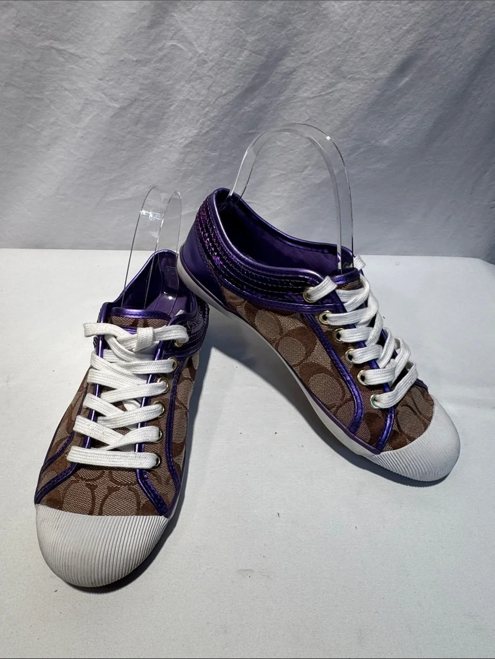 Coach Women's Signature Canvas Sneakers with Purple Trim and White Soles